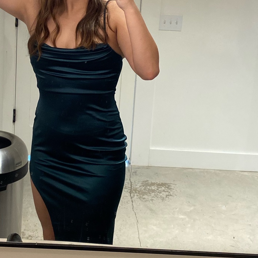 Emerald green high slit formal / bridesmaid dress